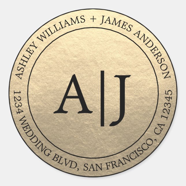 Sticker Rond Chic Monogram Mariage Adresse de retour Gold (Devant)