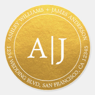 Sticker Rond Chic Monogram Mariage Adresse de retour Gold Class