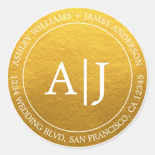 Sticker Rond Chic Monogram Mariage Adresse de retour Gold Class (Devant)