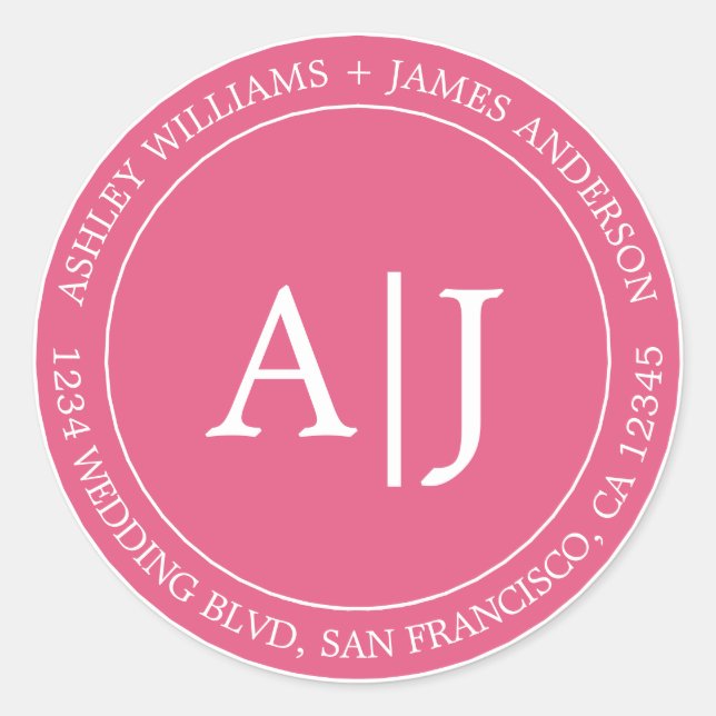 Sticker Rond Chic Monogram Mariage Adresse de retour Hot Pink (Devant)