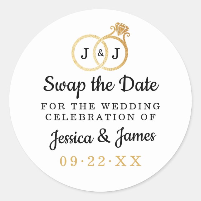 Sticker Rond Chic Monogramme Mariage Anneaux Enregistrer Ou Éch (Devant)