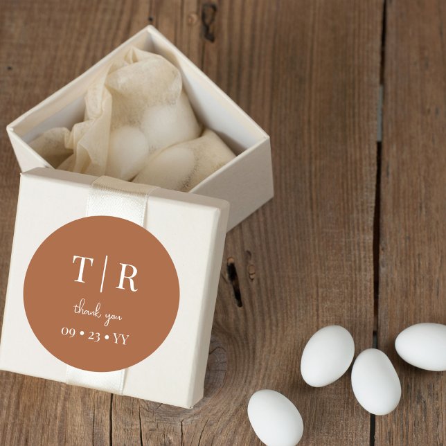 Sticker Rond Chic Monogramme Mariage en terre cuite Merci (Créateur téléchargé)