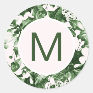 Sticker Rond Chic Noël Green Holly Imprimer Monogramme