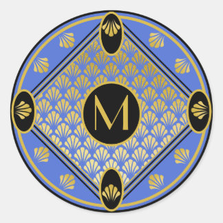 Sticker Rond Chic noir & Azure Art Déco Motif Monogramme