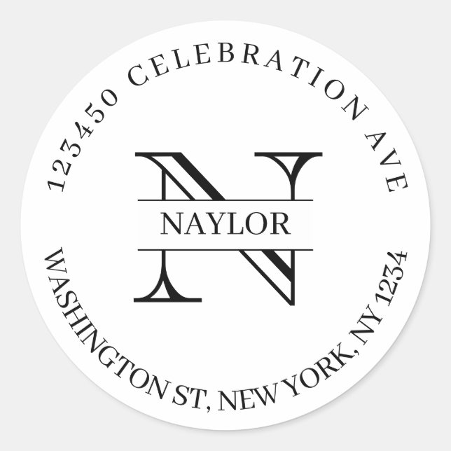 Sticker Rond Chic Noir et Blanc Noms de Monogramme Adresse de r (Devant)