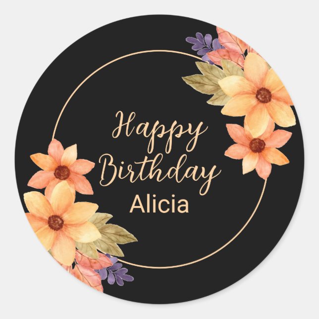 Sticker Rond Chic Orange Rouge Automne Flora Noir Anniversaire (Devant)