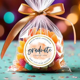 Sticker Rond Chic Orange Watercolor Gold Graduate