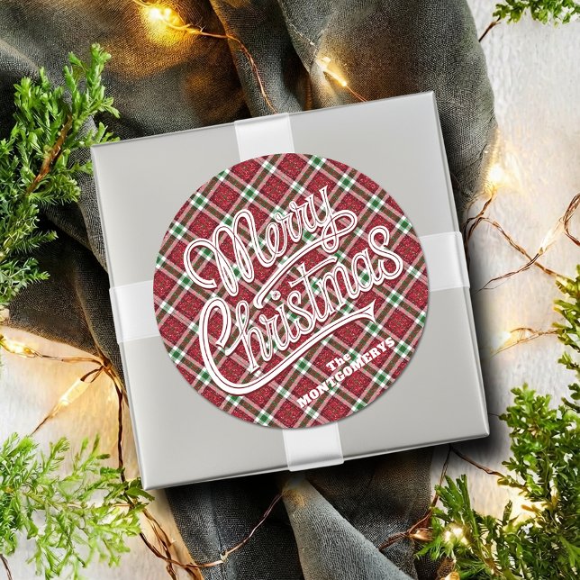 Sticker Rond Chic Pailleté Carreaux de Noël  (Chic faux sparkly plaid Christmas round stickers - 3" shown or 1-1/2")