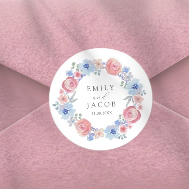 Sticker Rond Chic Pink & Blue Watercolor Floral wedding (Créateur téléchargé)