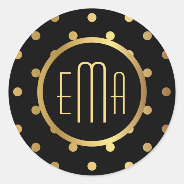 Sticker Rond Chic Pois Noir et Or avec Monogramme (Devant)