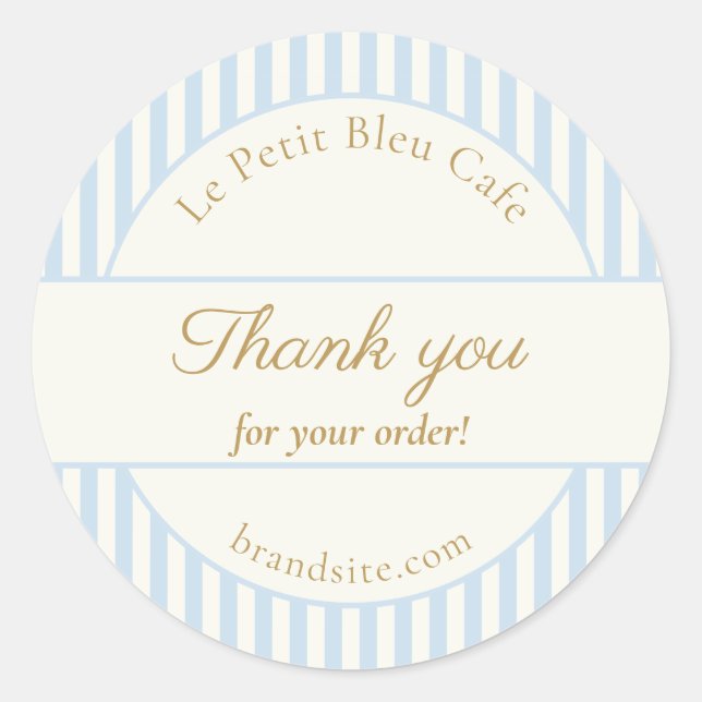 Sticker Rond Chic Powder Blue Stripes Bakery Thank You Website  (Devant)