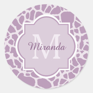 Sticker Rond Chic Purple Giraffe Imprimer avec Monogramme et no