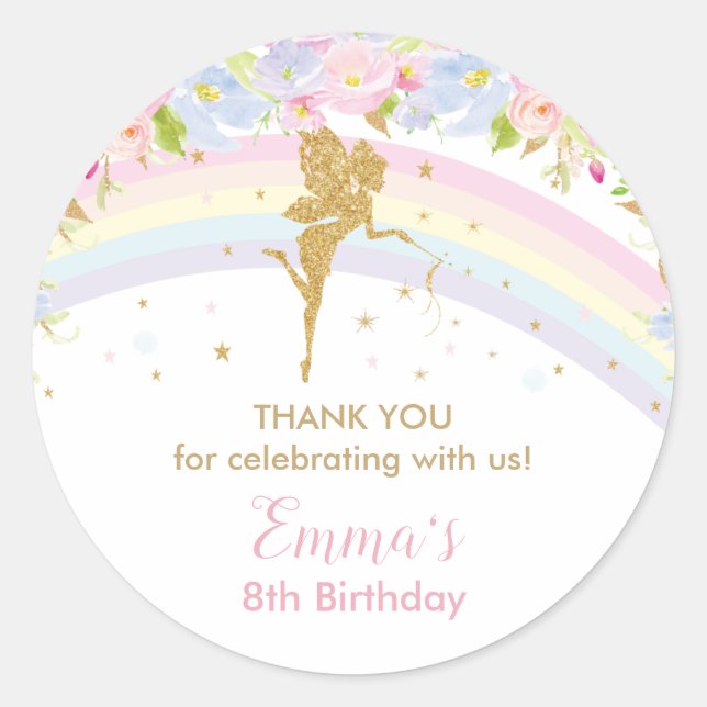 Sticker Rond Chic Rainbow Fairy Girl Anniversaire Merci Favoris (Devant)