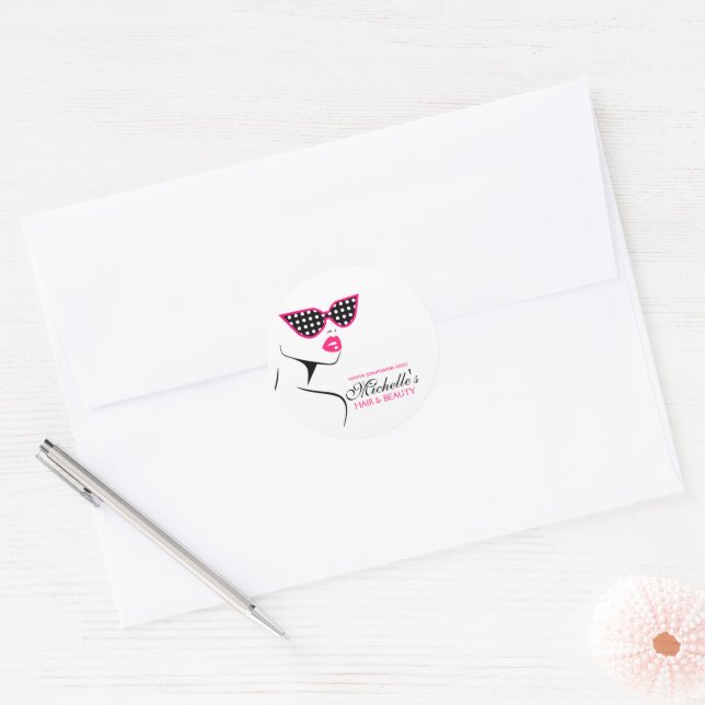Sticker Rond Chic Retro Pink Polka Dot Lunettes de soleil Beaut (Enveloppe)