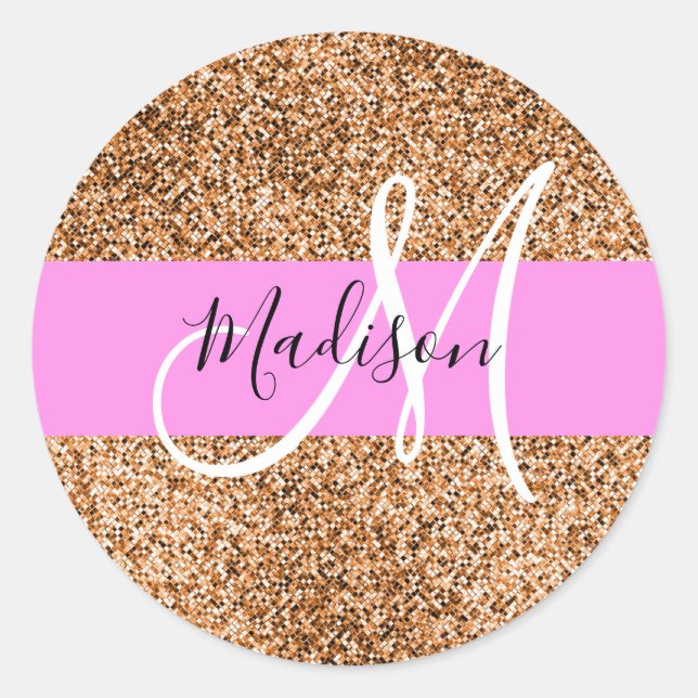 Sticker Rond Chic Rose & Citrouille Paillettes Monogramme Nom (Devant)