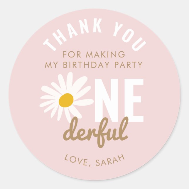 Sticker Rond Chic rose Fleur de marguerite ONEderful Anniversai (Devant)