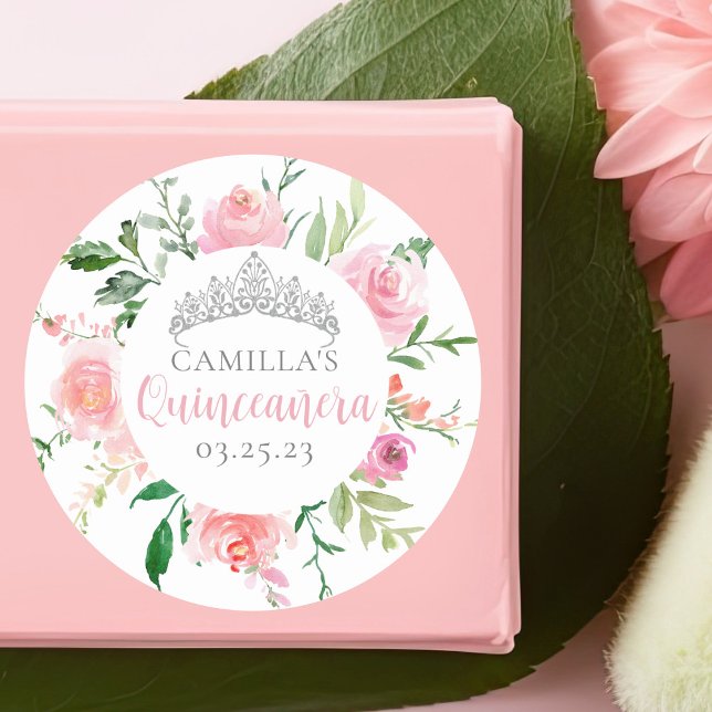 Sticker Rond Chic rose Floral Quinceañera Silver Tiara Party (Créateur téléchargé)