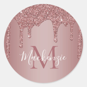 Sticker Rond Chic Rose Gold Parties scintillant gouttes Monogra
