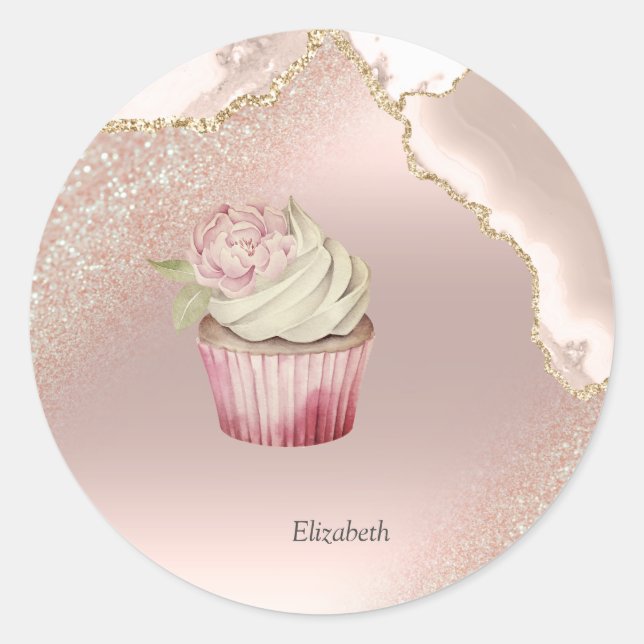 Sticker Rond Chic Rose Parties scintillant or Marble Cupcake (Devant)