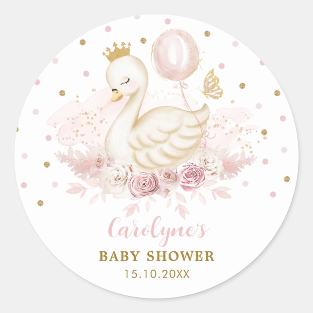 Sticker Rond Chic rose Swan Princesse Balloon Baby Girl (Devant)