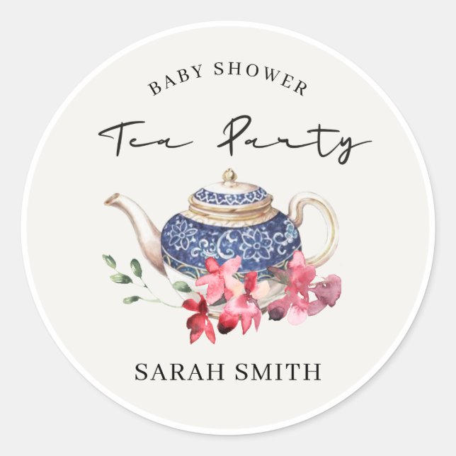 Sticker Rond Chic Rouge bleu Floral Teapot Baby shower Tea Part (Devant)