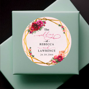 Sticker Rond Chic rouge rose floral et faux mariage or