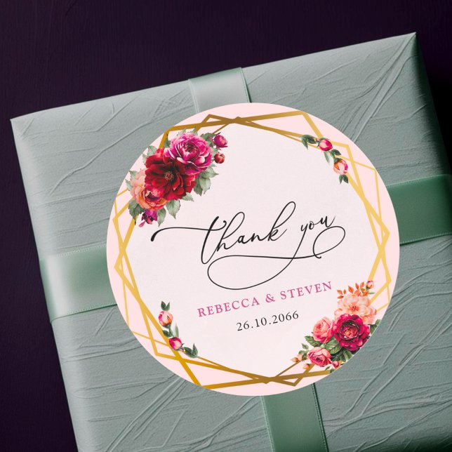 Sticker Rond Chic rouge rose floral faux or mariage merci (Créateur téléchargé)