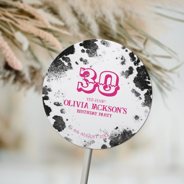 Sticker Rond Chic Rustic Cow Imprimer Hot Pink 30e fête d'anniv (Créateur téléchargé)