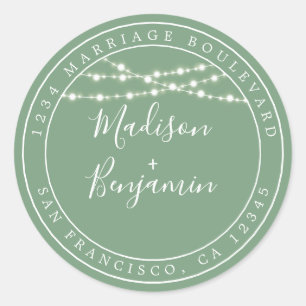 Sticker Rond Chic Rustic Lights Green Mariage Adresse de retour
