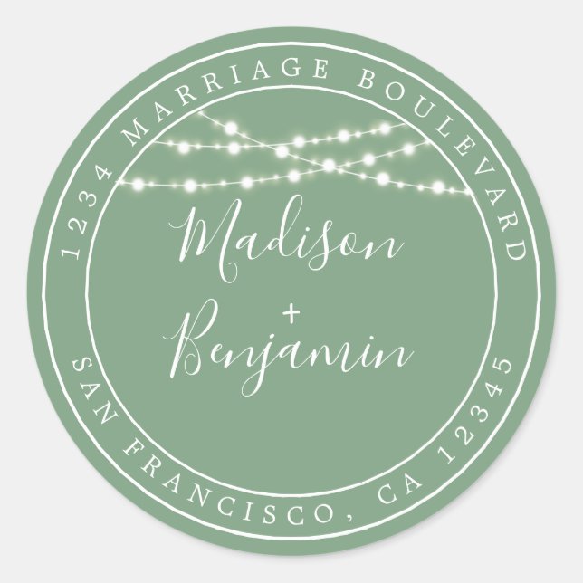Sticker Rond Chic Rustic Lights Green Mariage Adresse de retour (Devant)