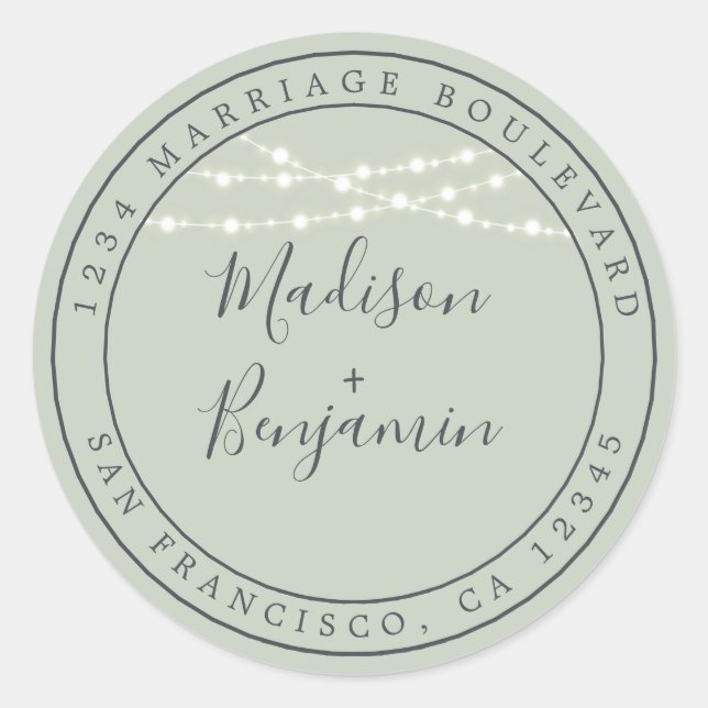 Sticker Rond Chic Rustic Lights Green Mariage Adresse de retour (Devant)