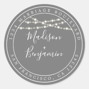 Sticker Rond Chic Rustic Lights Grey Mariage Adresse de retour