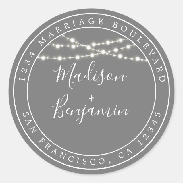 Sticker Rond Chic Rustic Lights Grey Mariage Adresse de retour (Devant)
