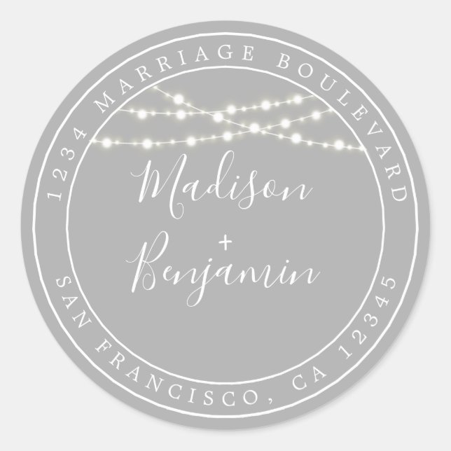 Sticker Rond Chic Rustic Lights Grey Mariage Adresse de retour (Devant)