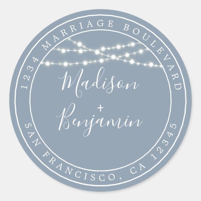 Sticker Rond Chic Rustic Lights Mariage Bleu Adresse de retour (Devant)