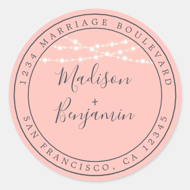 Sticker Rond Chic Rustic Lights Mariage rose Adresse de retour (Devant)