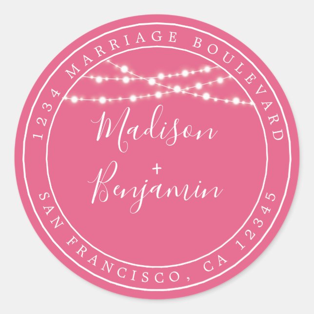 Sticker Rond Chic Rustic Lights Mariage rose Adresse de retour (Devant)