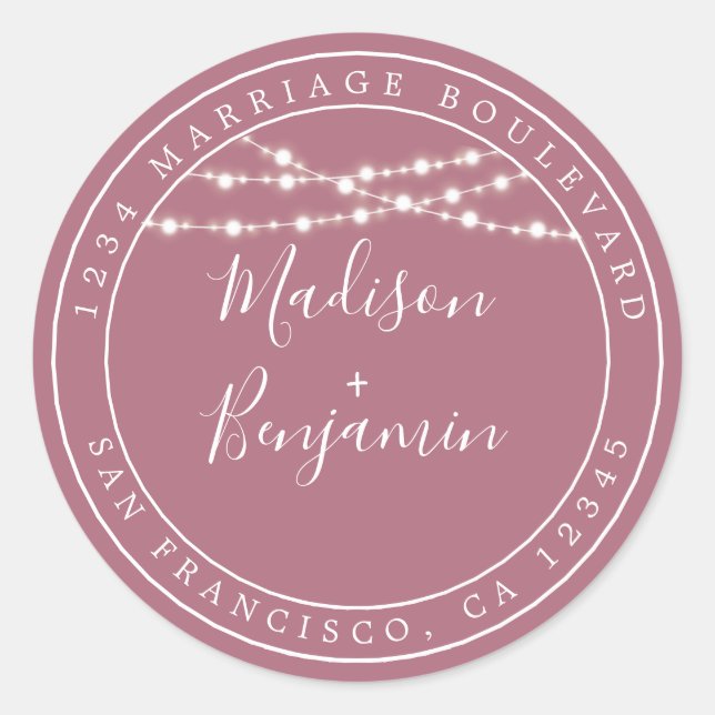 Sticker Rond Chic Rustic Lights Purple Mariage Adresse de retou (Devant)