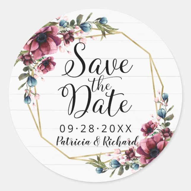 Sticker Rond Chic Rustique Fleurs Bourgogne Save The Date Class (Devant)