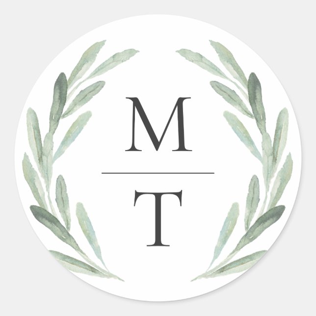 Sticker Rond Chic & Rustique Green Wreath Monogramme Mariage Fa (Devant)