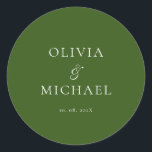 Sticker Rond Chic Script Forest Green Minimalist Wedding<br><div class="desc">Add a personal and elegant touch to your wedding favors, envelopes, or packaging with this minimalist round sticker featuring your custom name in a graceful script font. Designed to complement a modern and timeless wedding theme, this classic forest green and white design pairs beautifully with any part of your celebration....</div>