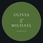 Sticker Rond Chic Script Forest Green Minimalist Wedding<br><div class="desc">Add a personal and elegant touch to your wedding favors, envelopes, or packaging with this minimalist round sticker featuring your custom name in a graceful script font. Designed to complement a modern and timeless wedding theme, this classic forest green and white design pairs beautifully with any part of your celebration....</div>