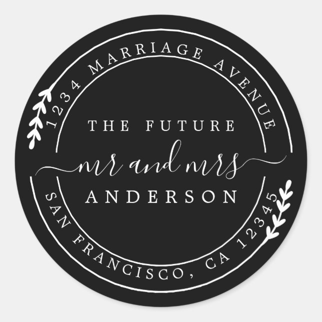 Sticker Rond Chic Script Future M. Mme Black Adresse de retour (Devant)