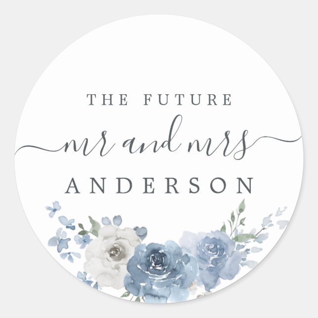 Sticker Rond Chic Script Future M. Mme Dusty Blue Floral (Devant)