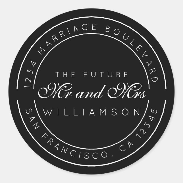 Sticker Rond Chic Script Future M. Mme Mariage Adresse de retou (Devant)