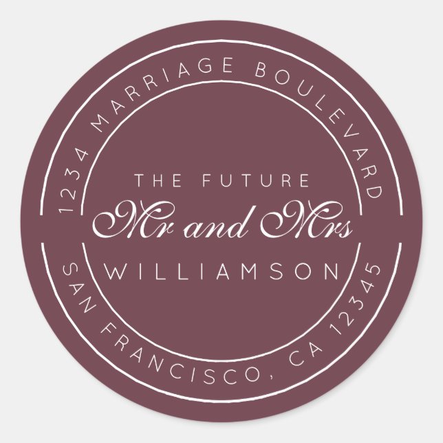 Sticker Rond Chic Script Future M. Mme Mariage Adresse de retou (Devant)