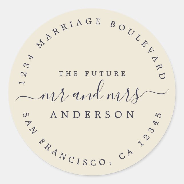 Sticker Rond Chic Script Future M. Mme Mariage Adresse de retou (Devant)
