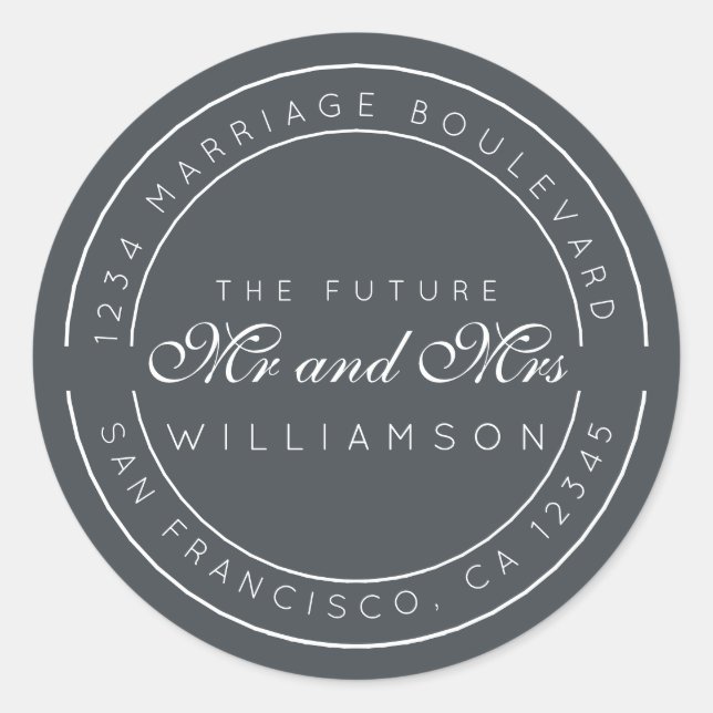 Sticker Rond Chic Script Future M. Mme Mariage Adresse de retou (Devant)