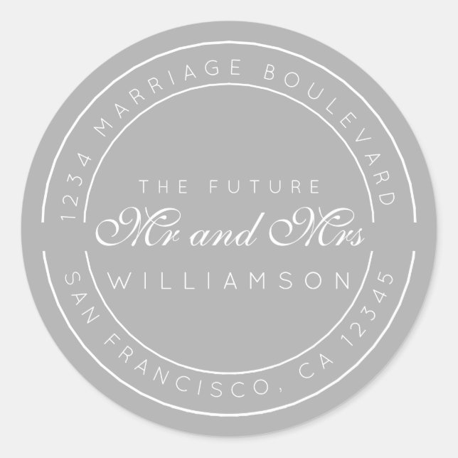 Sticker Rond Chic Script Future M. Mme Mariage Adresse de retou (Devant)