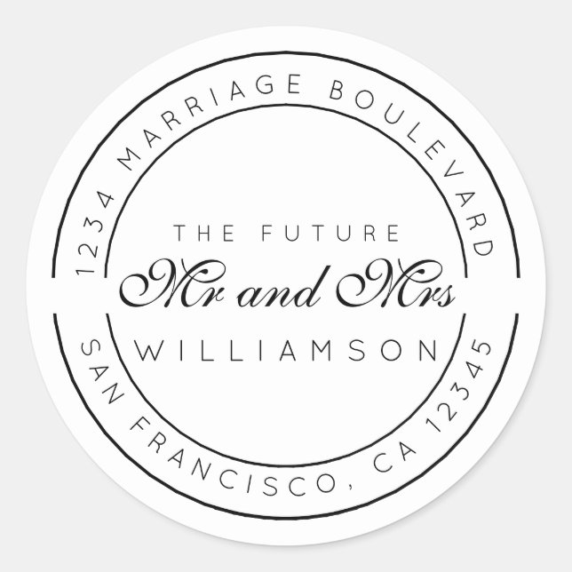 Sticker Rond Chic Script Future M. Mme Mariage Adresse de retou (Devant)